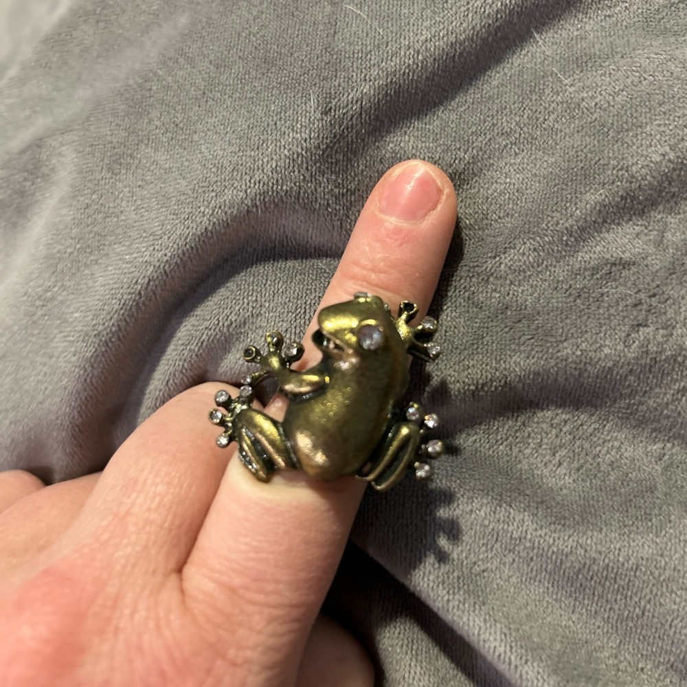 Gold Tone Frog Cocktail Ring with Crystal Accents